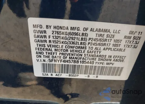 2011 Honda Pilot Ex-L z USA, uszkodzony, nr VIN 5FNYF4H57BB105440